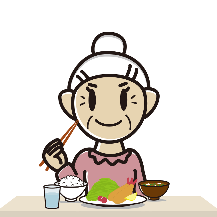 食事をするおばあさんのイラスト【色あり、背景なし】透過PNG