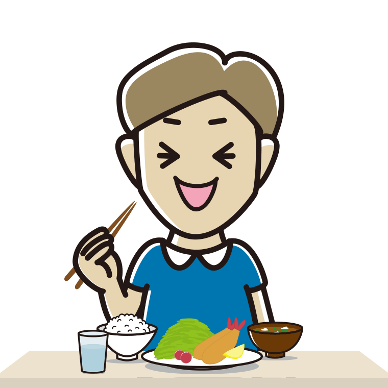 笑いながら食事をする男性のイラスト【色あり、背景なし】透過PNG