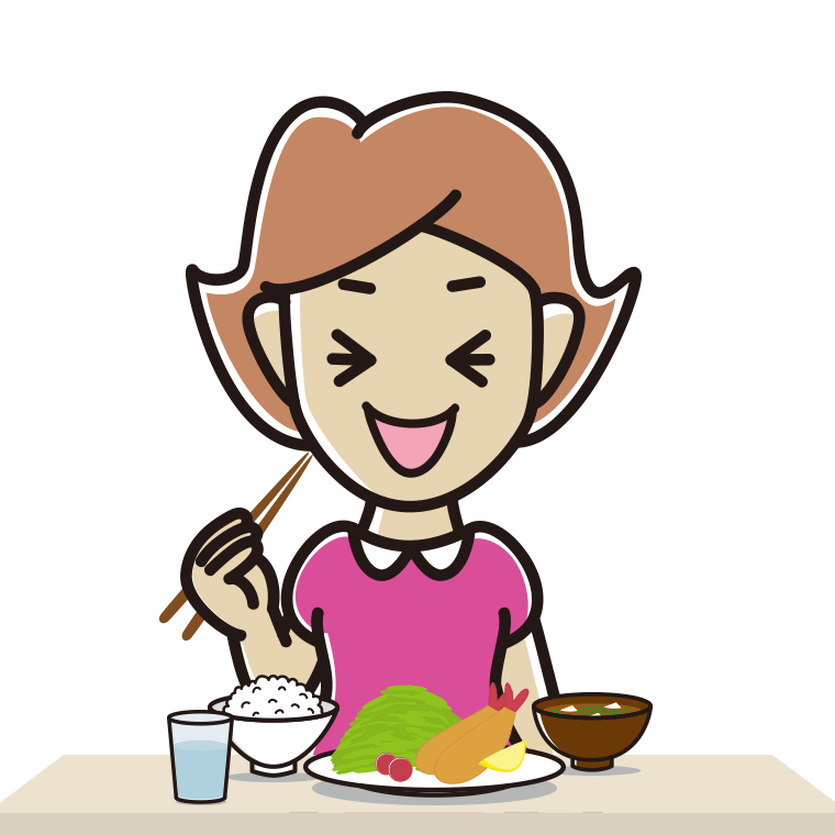 笑いながら食事をする女性のイラスト【色あり、背景なし】透過PNG