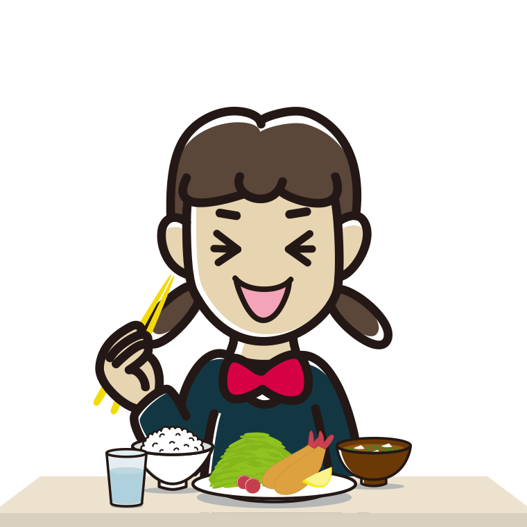 笑いながら食事をする女子中学生のイラスト【色あり、背景なし】透過PNG