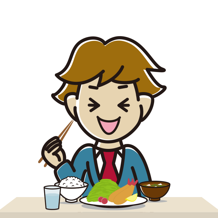 笑いながら食事をする男子高校生のイラスト【色あり、背景なし】透過PNG