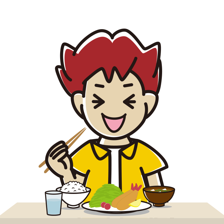 笑いながら食事をする男子大学生のイラスト【色あり、背景なし】透過PNG