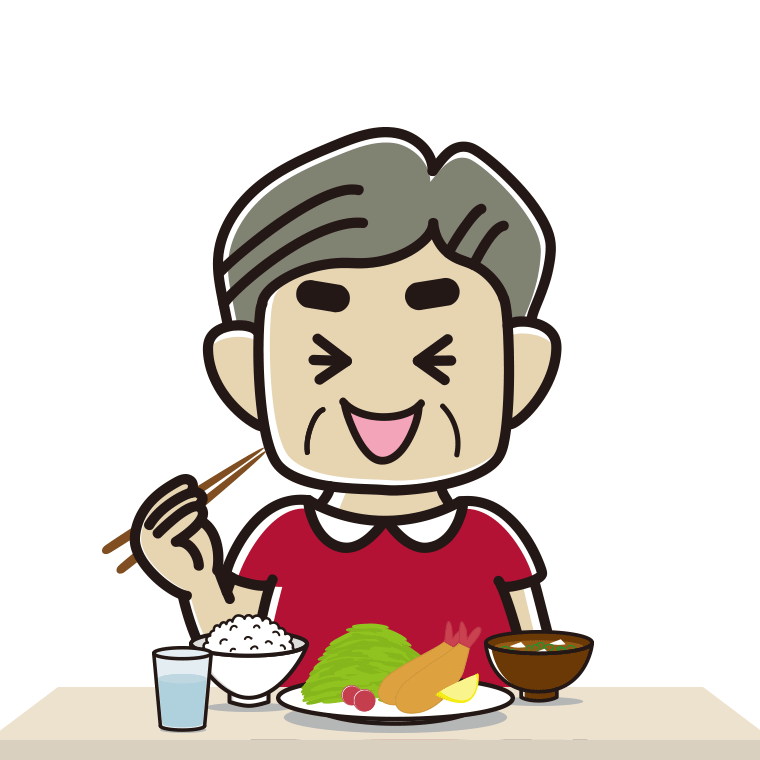 笑いながら食事をするおじさんのイラスト【色あり、背景なし】透過PNG