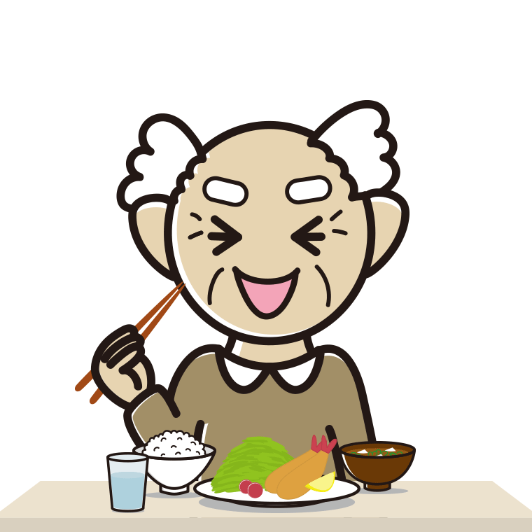 笑いながら食事をするおじいさんのイラスト【色あり、背景なし】透過PNG