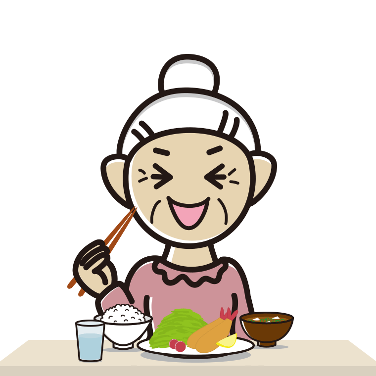 笑いながら食事をするおばあさんのイラスト【色あり、背景なし】透過PNG