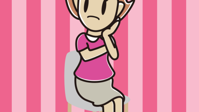 椅子で考える女性のイラスト【色、背景あり】PNG