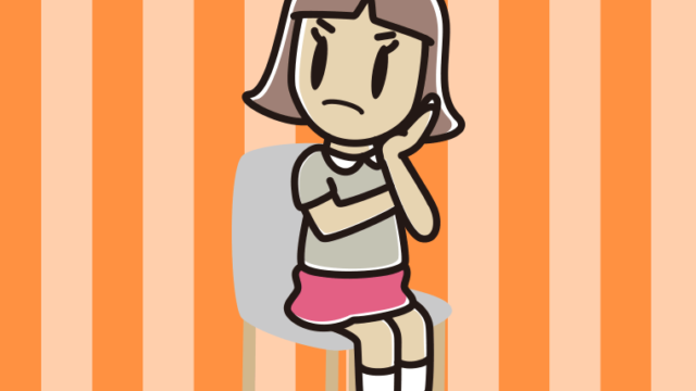 椅子で考える小学生女子のイラスト【色、背景あり】PNG