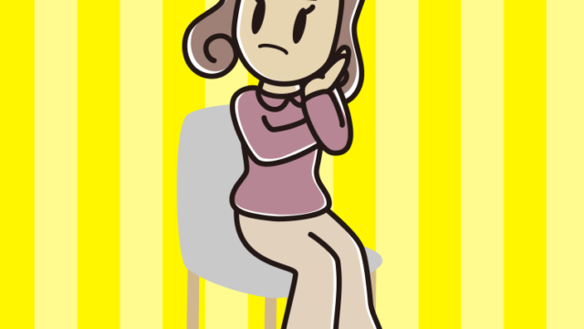 椅子で考える女子大学生のイラスト【色、背景あり】PNG