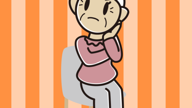 椅子で考えるおばあさんのイラスト【色、背景あり】PNG