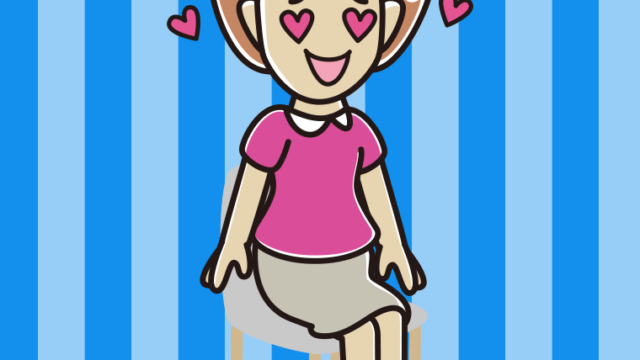 椅子で目がハートの女性のイラスト【色、背景あり】PNG