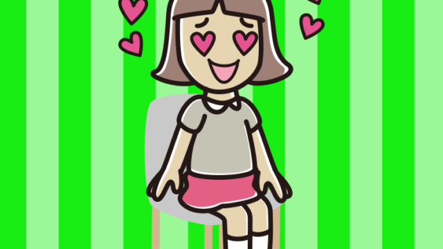 椅子で目がハートの小学生女子のイラスト【色、背景あり】PNG