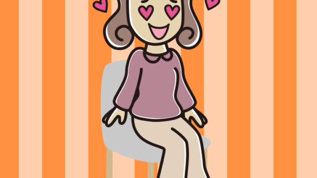 椅子で目がハートの女子大学生のイラスト【色、背景あり】PNG