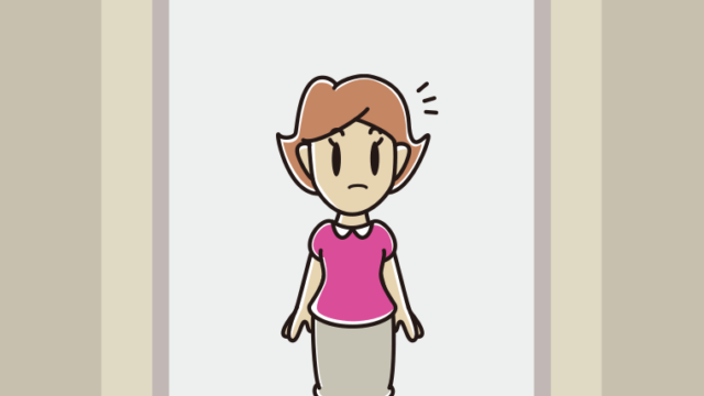 エレベーターで気付く女性のイラスト【色、背景あり】PNG