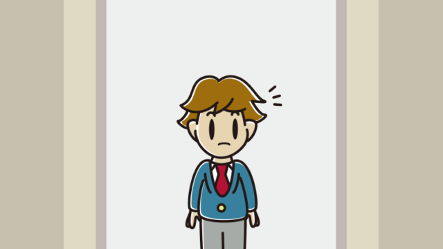 エレベーターで気付く男子高校生のイラスト【色、背景あり】PNG