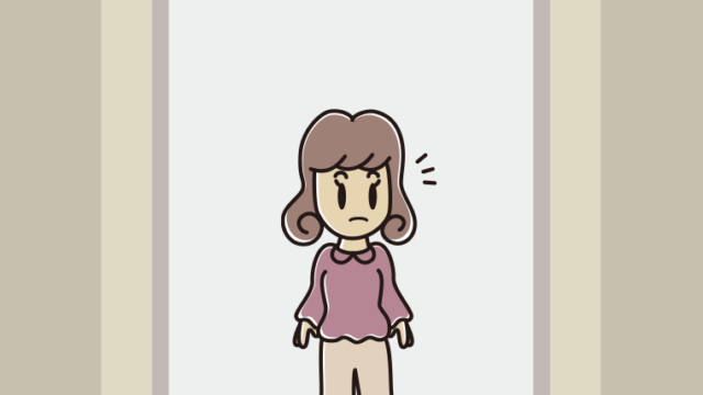 エレベーターで気付く女子大学生のイラスト【色、背景あり】PNG