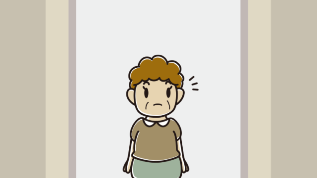 エレベーターで気付くおばさんのイラスト【色、背景あり】PNG