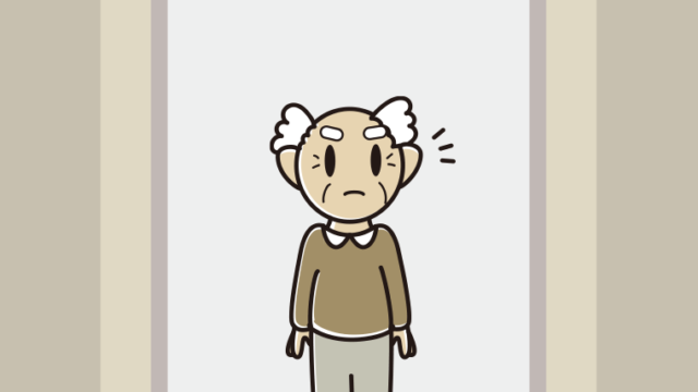 エレベーターで気付くおじいさんのイラスト【色、背景あり】PNG