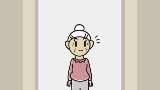 エレベーターで気付くおばあさんのイラスト【色、背景あり】PNG