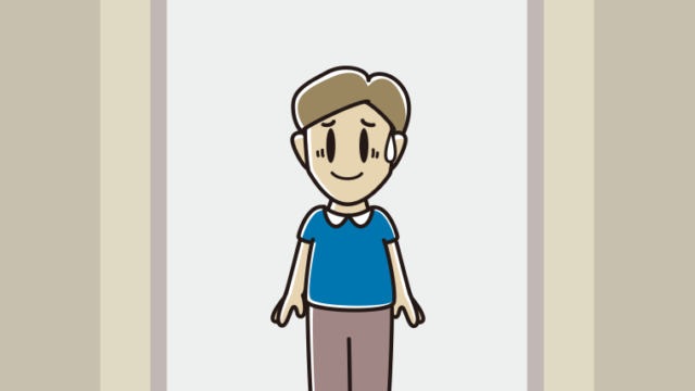 エレベーターで苦笑いする男性のイラスト【色、背景あり】PNG