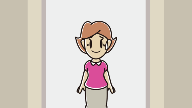 エレベーターで苦笑いする女性のイラスト【色、背景あり】PNG