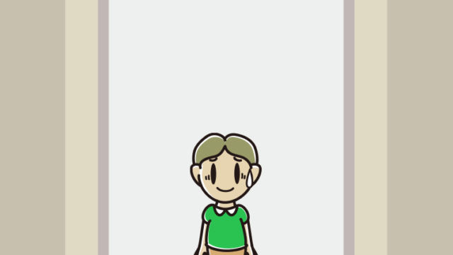 エレベーターで苦笑いする小学生男子のイラスト【色、背景あり】PNG