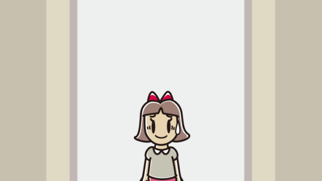 エレベーターで苦笑いする小学生女子のイラスト【色、背景あり】PNG