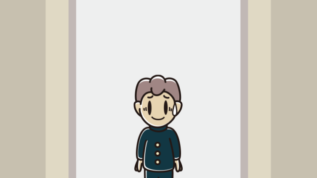 エレベーターで苦笑いする男子中学生のイラスト【色、背景あり】PNG