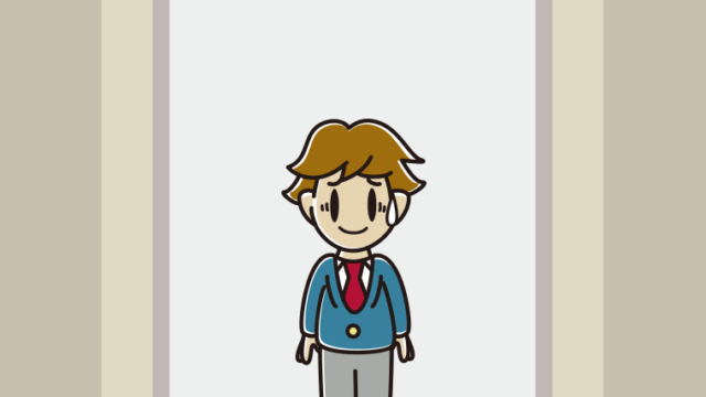 エレベーターで苦笑いする男子高校生のイラスト【色、背景あり】PNG