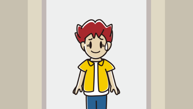 エレベーターで苦笑いする男子大学生のイラスト【色、背景あり】PNG