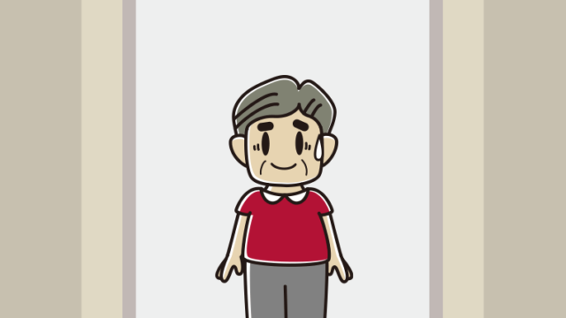 エレベーターで苦笑いするおじさんのイラスト【色、背景あり】PNG