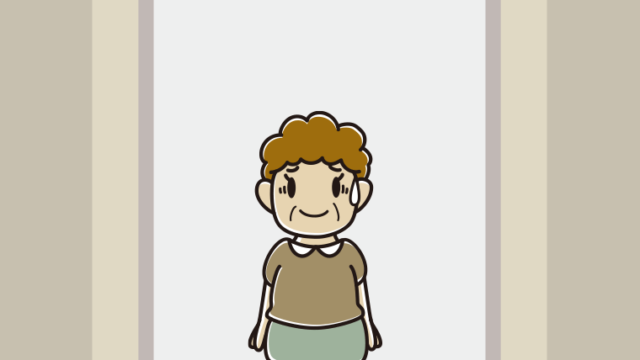 エレベーターで苦笑いするおばさんのイラスト【色、背景あり】PNG