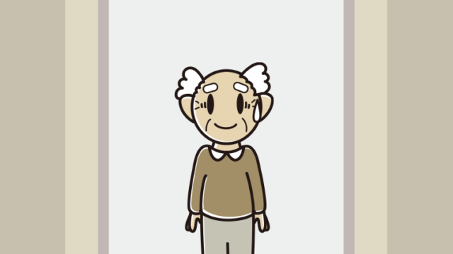 エレベーターで苦笑いするおじいさんのイラスト【色、背景あり】PNG