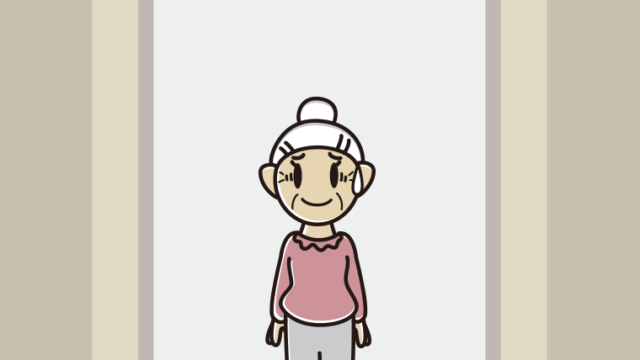エレベーターで苦笑いするおばあさんのイラスト【色、背景あり】PNG