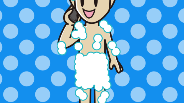 スマホで電話する泡だらけの男性のイラスト【色、背景あり】PNG