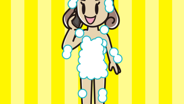 スマホで電話する泡だらけの女子大学生のイラスト【色、背景あり】PNG