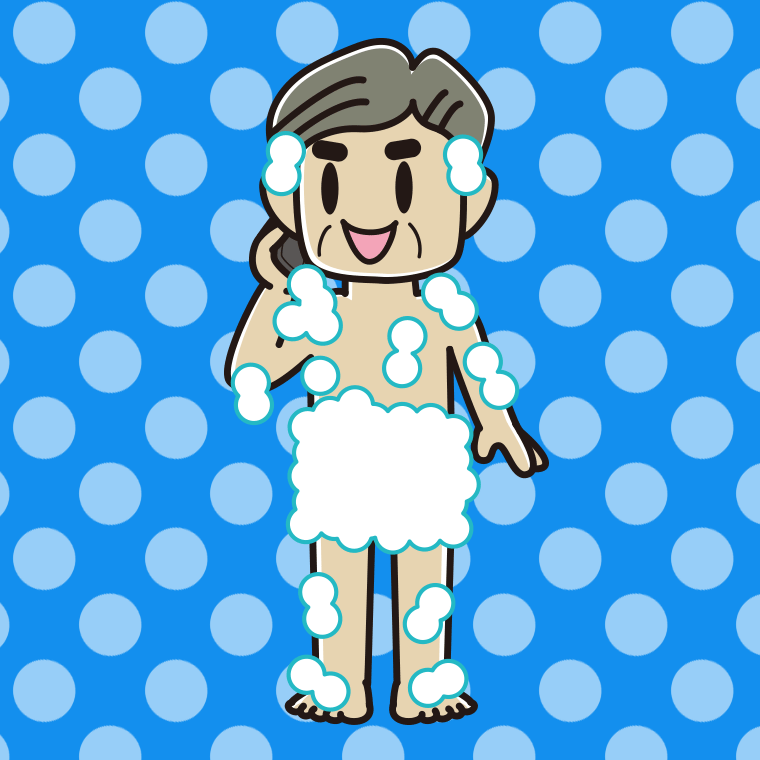 スマホで電話する泡だらけのおじさんのイラスト【色、背景あり】PNG