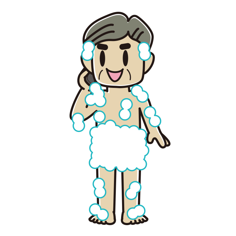 スマホで電話する泡だらけのおじさんのイラスト【色あり、背景なし】透過PNG