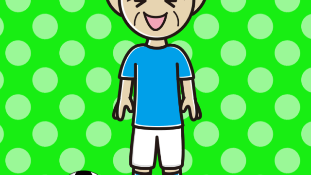 笑うサッカーのユニフォーム姿のおじいさんのイラスト【色、背景あり】PNG