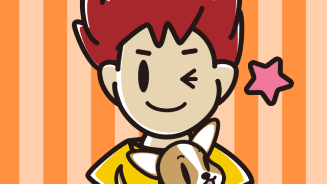 犬を抱いてウインクする男子大学生のイラスト【色、背景あり】PNG