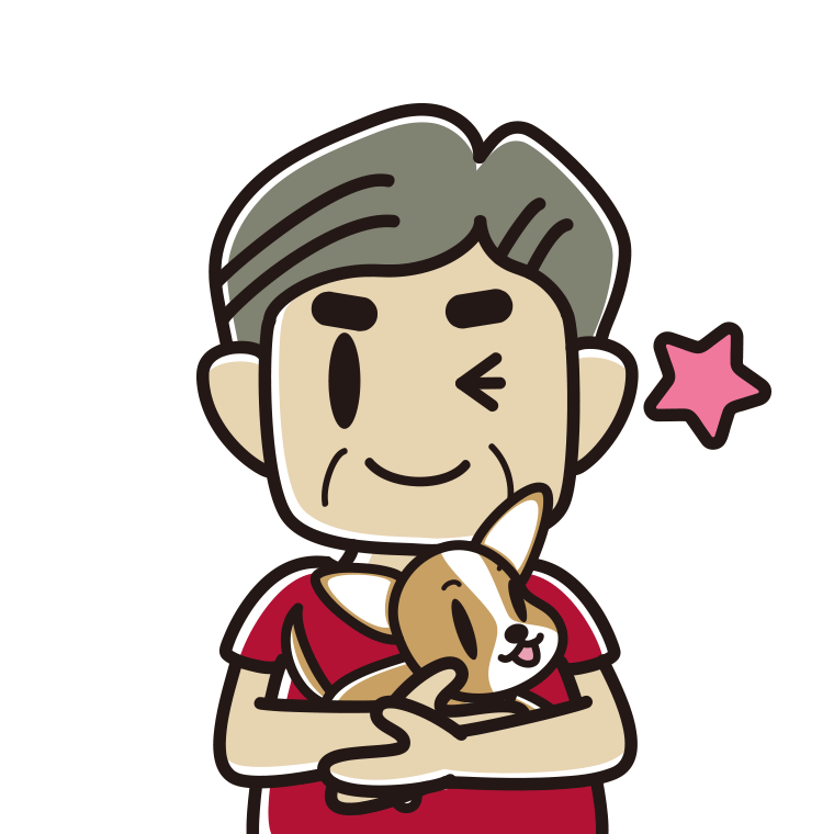 犬を抱いてウインクするおじさんのイラスト【色あり、背景なし】透過PNG