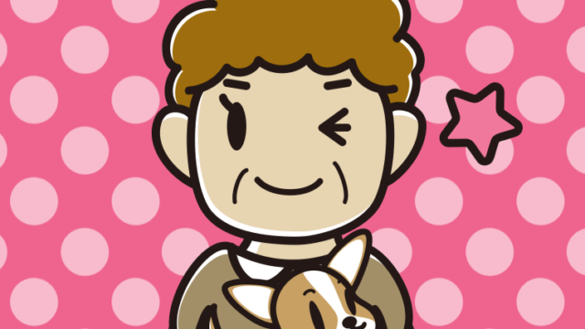 犬を抱いてウインクするおばさんのイラスト【色、背景あり】PNG