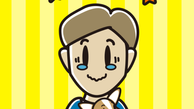 犬を抱いてジーンとする男性のイラスト【色、背景あり】PNG