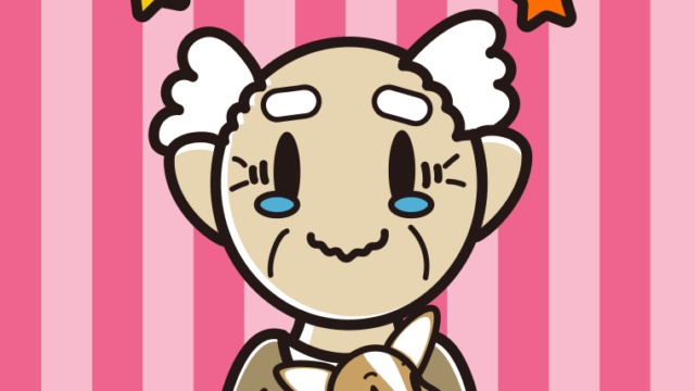 犬を抱いてジーンとするおじいさんのイラスト【色、背景あり】PNG