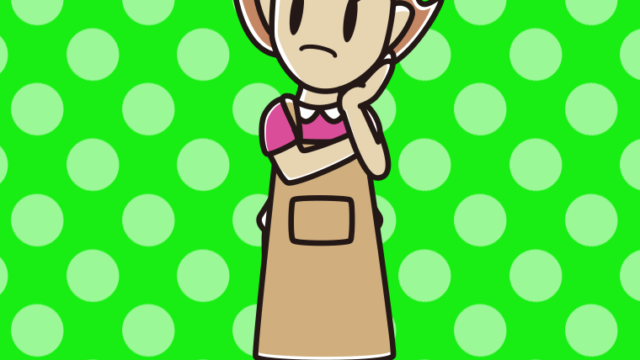 考えるエプロン姿の女性のイラスト【色、背景あり】PNG