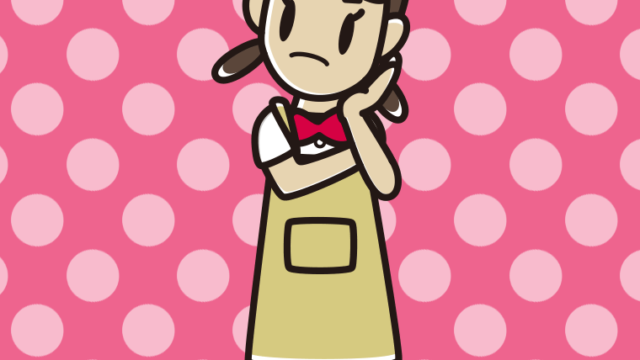 考えるエプロン姿の女子中学生のイラスト【色、背景あり】PNG