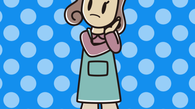 考えるエプロン姿の女子大学生のイラスト【色、背景あり】PNG