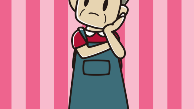 考えるエプロン姿のおじさんのイラスト【色、背景あり】PNG