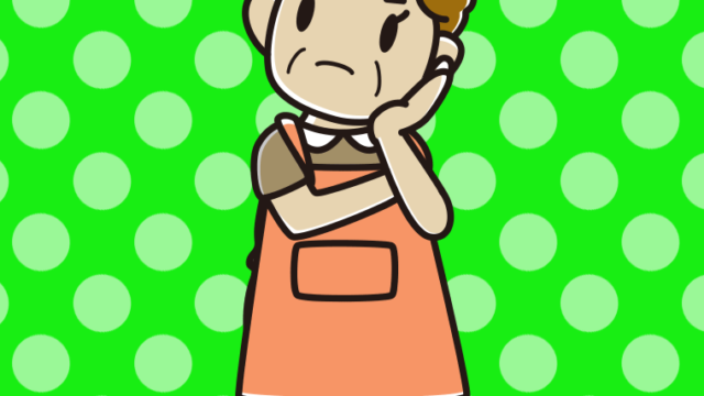 考えるエプロン姿のおばさんのイラスト【色、背景あり】PNG