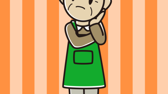 考えるエプロン姿のおじいさんのイラスト【色、背景あり】PNG