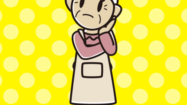 考えるエプロン姿のおばあさんのイラスト【色、背景あり】PNG